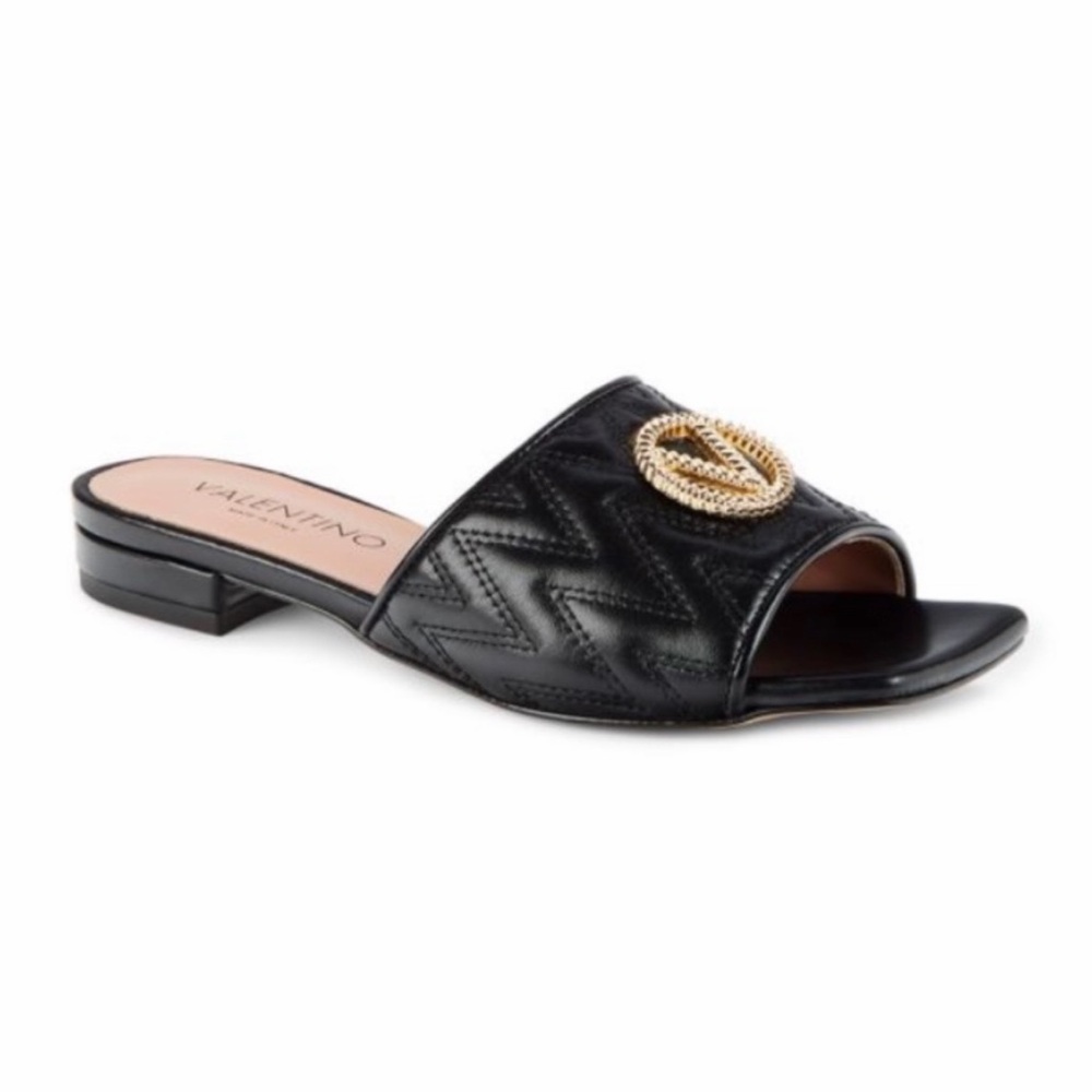Valentino Black Quilted Slide with Gold Medallion